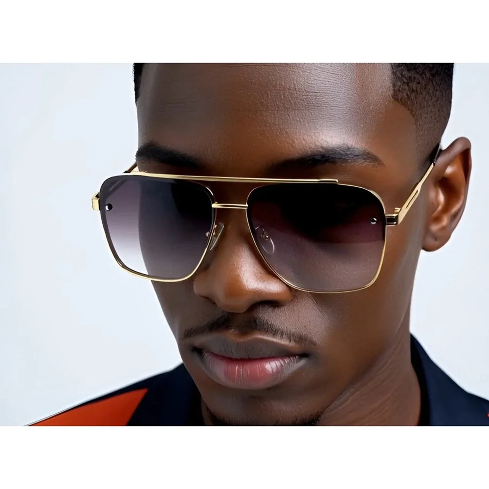 Mens Gold Square Rimless Sunglasses Gradient Lenses Metal Frame Lentes Gafas New